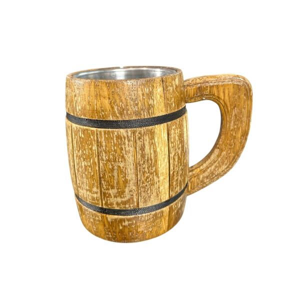 Large Wooden Barrel Mug- with metal liner- Use as Vase- for florals or feathers - Picture 1 of 7
